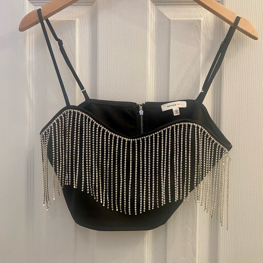 Black Rhinestone Fringe Top